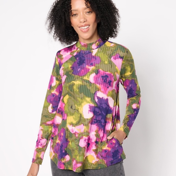 LOGO by Lori Goldstein Sz L Printed Mockneck Brushed Rib Knit Top in Green Combo - Picture 1 of 8
